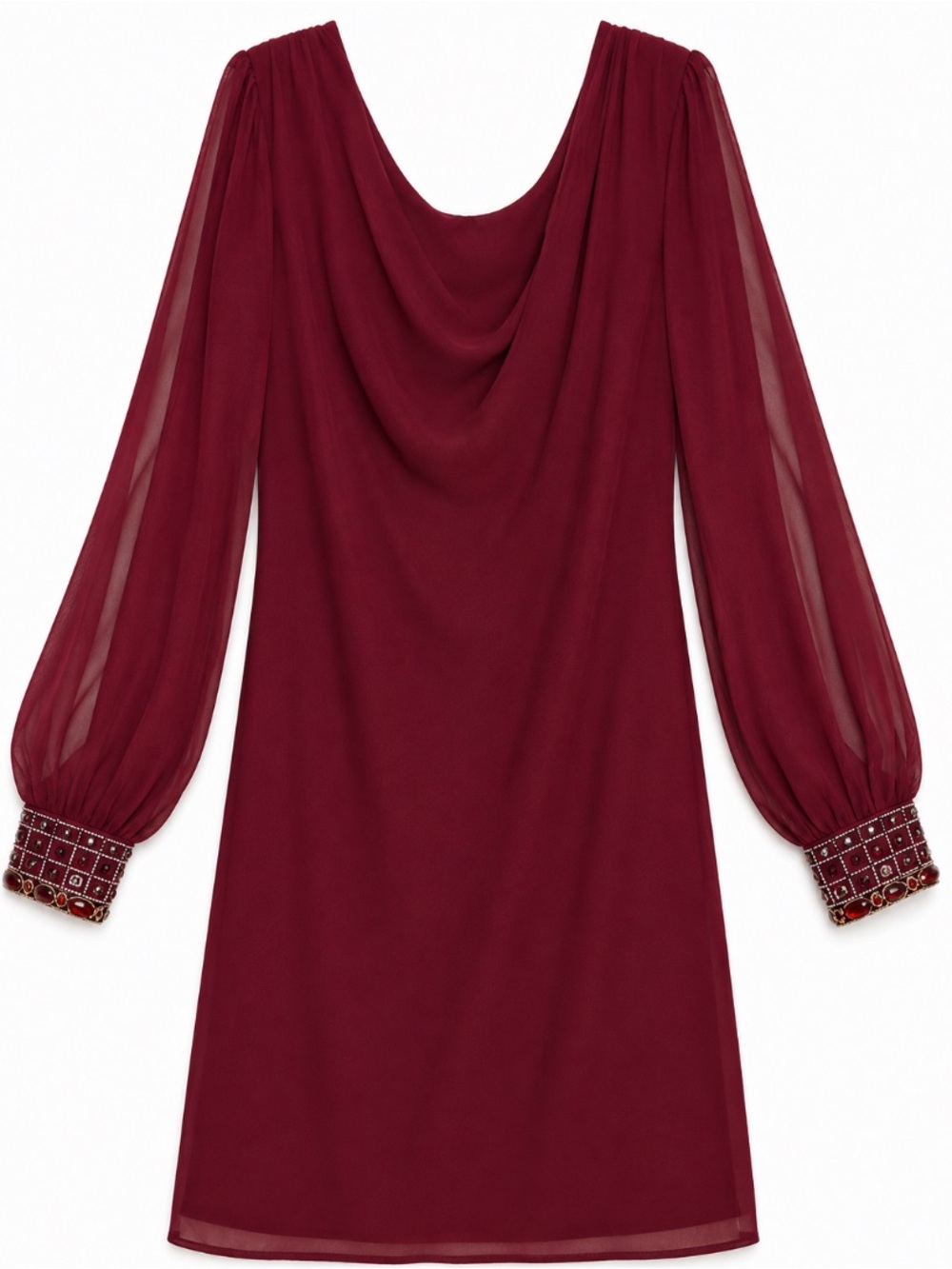 Soieblu • Burgundy • Sheer Sleeve • Bedazzled Cuff • Dress • Medium